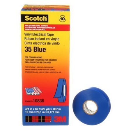 3M Scotch Vinyl Color Coding Electrical Tape 35, 3/4 In X 66 Ft, Blue,  35-3/4X66FT-BL